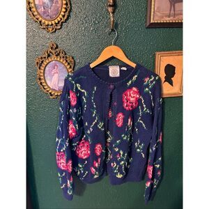 Cape Isle Knitters Vintage Floral Cardigan Sweater Large Button Front Cottagecor